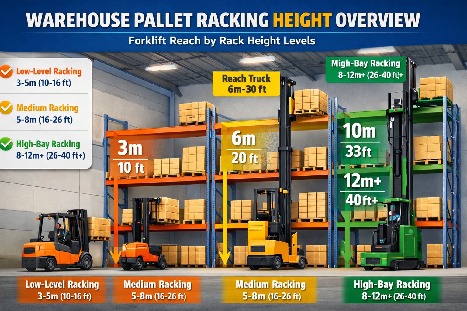 warehouse pallet racking height overview with forklifts operating at different levels warehouse pallet racking height overview with forklifts operating at different levels
