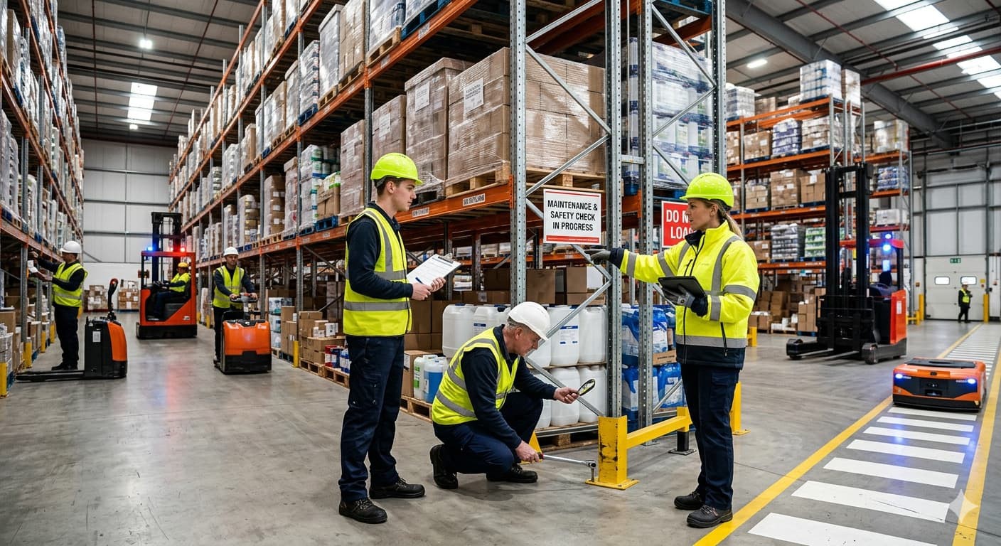 warehouse staff inspecting pallet racking system for maintenance and safety check warehouse staff inspecting pallet racking system for maintenance and safety check