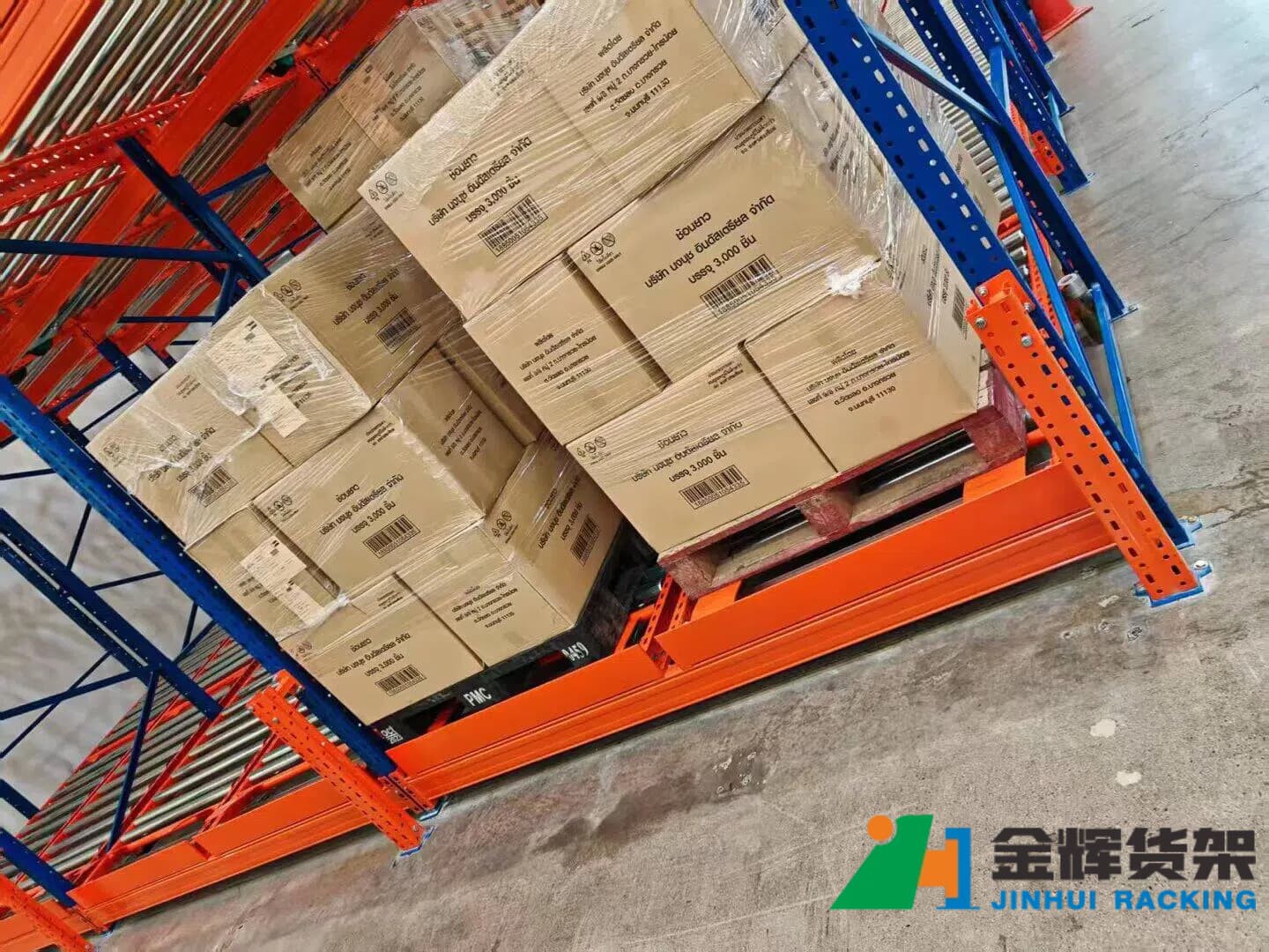 pallet flow racking working principle showing inclined rollers and FIFO movement pallet flow racking working principle showing inclined rollers and FIFO movement